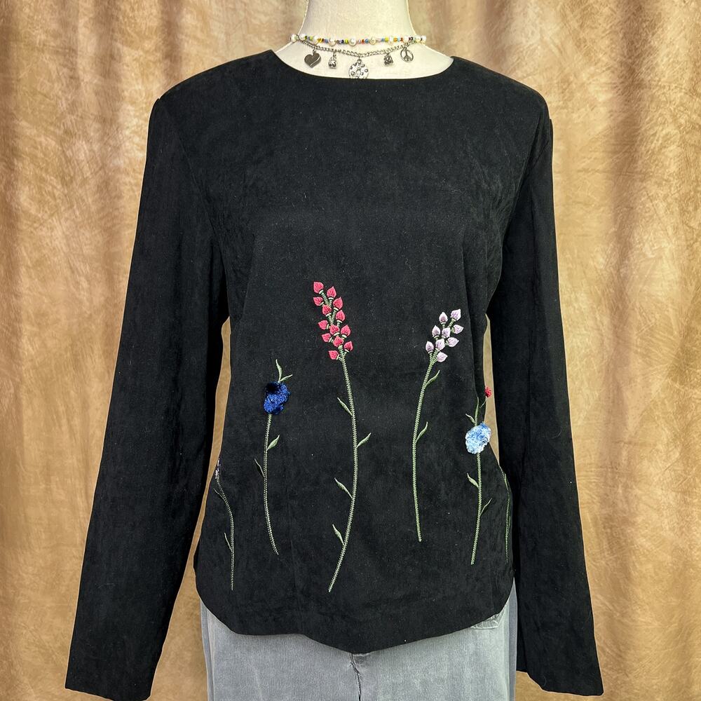 Vintage Floral Embroidered Top Black Soft Shell Long Sleeve Button Back Fairy